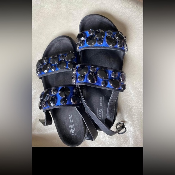 ASOS BeJeweled Blue Strap Slide Sandals in black size 5 fits US 6.5 - Picture 2 of 4